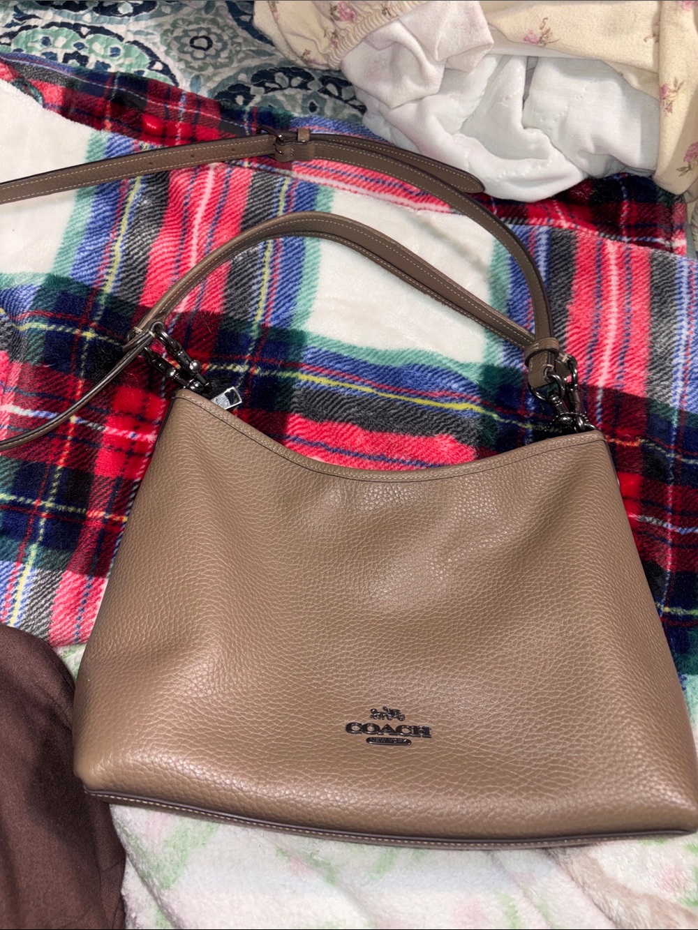 Coach Pebbled Laurel Leather Shoulder Bag in Taupe Brown/Dark Stone